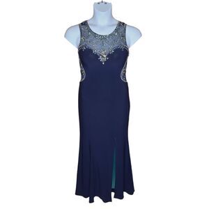 BETSEY & ADAM‎ navy blue beaded illusion back maxi dress gown 6
